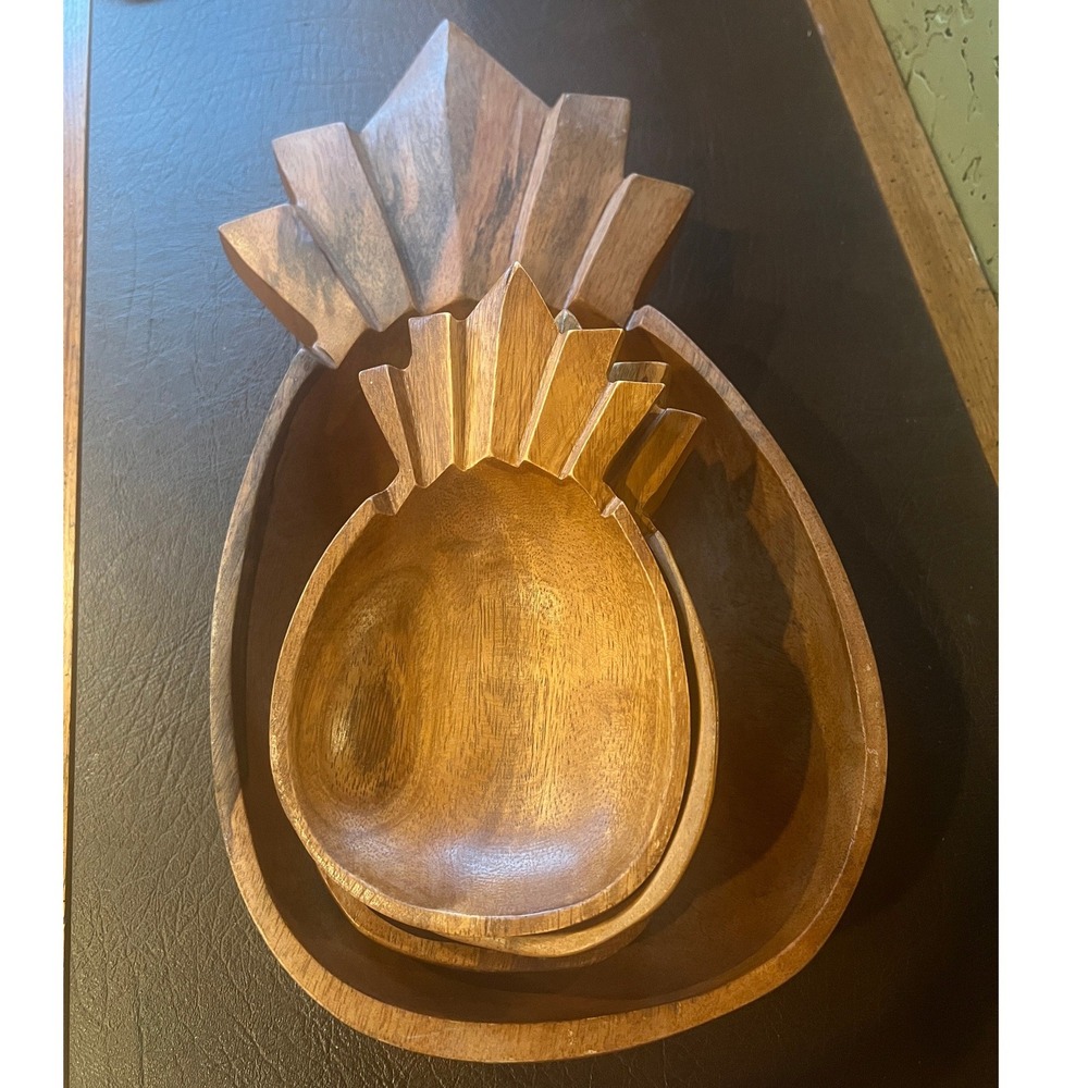 Vintage Handcrafted Monkey Pod Wood Pineapple Salad Set 7pc Philippines Tiki - Picture 11 of 12
